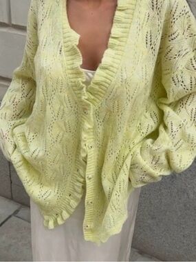 Rumored Bright Yellow Open-Knit Ruffle-Trim Cardigan